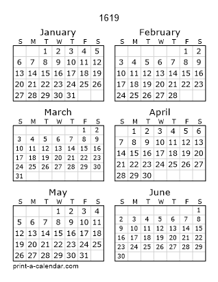 1619 Two Page Yearly Calendar | Six months per page