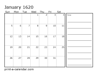 1620 Monthly Calendar with Notes