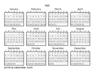 1620 Yearly Calendar | One page Calendar