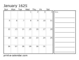 1625 Monthly Calendar with Notes