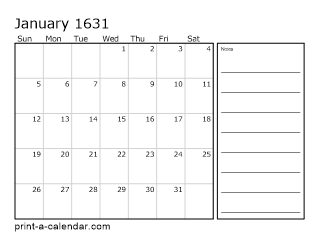 1631 Monthly Calendar with Notes