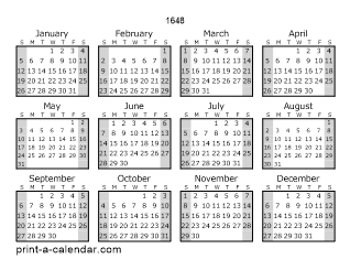 1648 Yearly Calendar (Style 1)