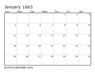 1665 Monthly Calendar