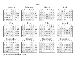 1670 Yearly Calendar | One page Calendar