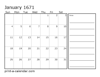 1671 Monthly Calendar with Notes