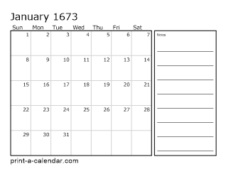 1673 Monthly Calendar with Notes