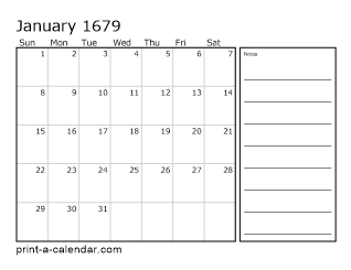 1679 Monthly Calendar with Notes