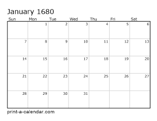 1680 Monthly Calendar