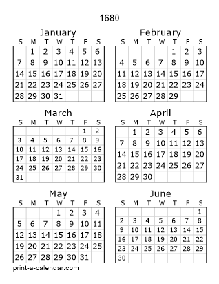 1680 Two Page Yearly Calendar | Six months per page