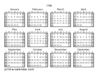 1709 Yearly Calendar (Style 1)