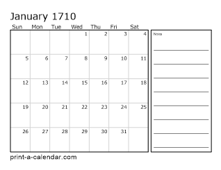 1710 Monthly Calendar with Notes