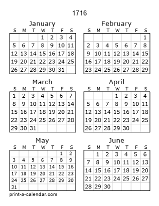 1716 Two Page Yearly Calendar | Six months per page
