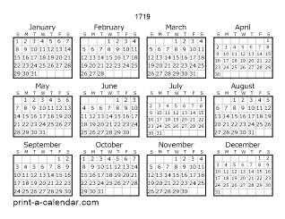 1719 Yearly Calendar | One page Calendar