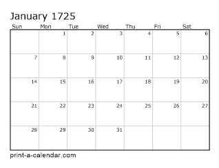 1725 Monthly Calendar