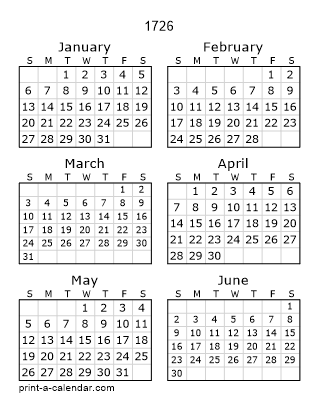 1726 Two Page Yearly Calendar | Six months per page