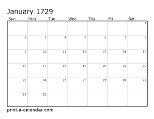 1729 Monthly Calendar