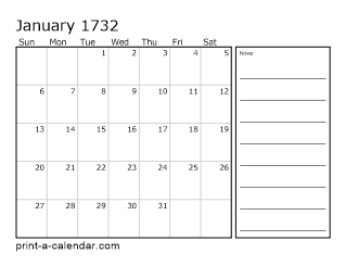 1732 Monthly Calendar with Notes