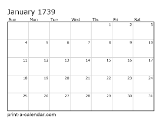 1739 Monthly Calendar