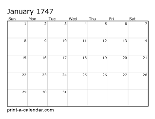 1747 Monthly Calendar