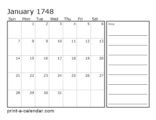1748 Monthly Calendar with Notes