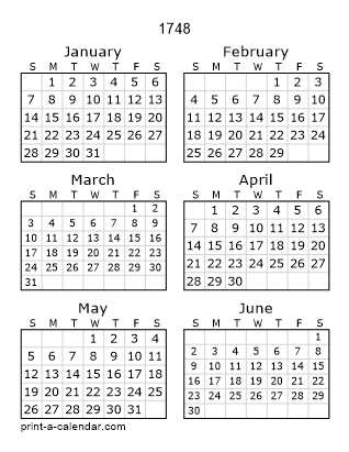 1748 Two Page Yearly Calendar | Six months per page
