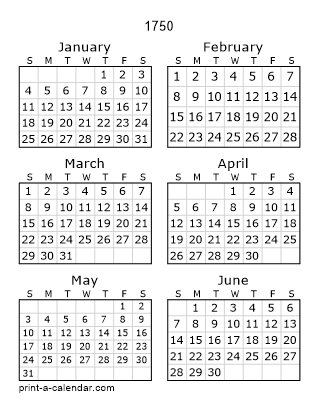 1750 Two Page Yearly Calendar | Six months per page