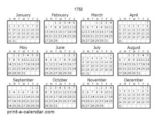 1752 Yearly Calendar | One page Calendar