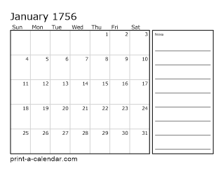 1756 Monthly Calendar with Notes