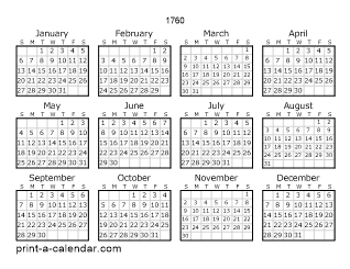 1760 Yearly Calendar | One page Calendar