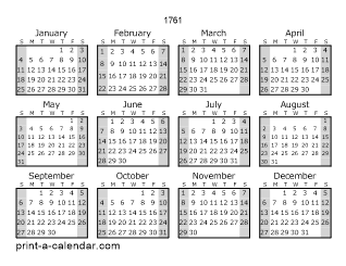 1761 Yearly Calendar (Style 1)