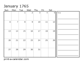 1765 Monthly Calendar with Notes