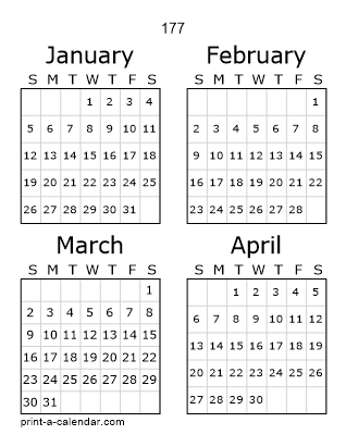 177 Three Page Yearly Calendar | Four months per page