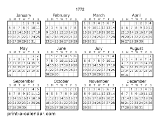 1772 Yearly Calendar | One page Calendar