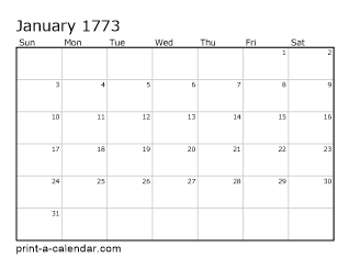 1773 Monthly Calendar