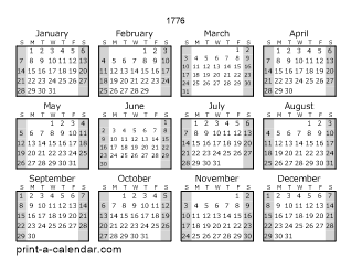 1776 one page yearly calendar with shaded weekends
