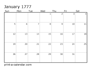 1777 Monthly Calendar