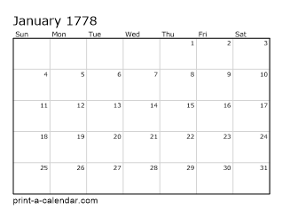 1778 Monthly Calendar