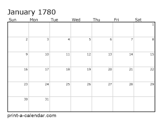 1780 Monthly Calendar