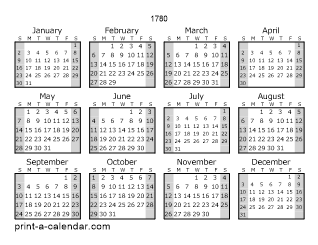 1780 Yearly Calendar (Style 1)