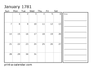 1781 Monthly Calendar with Notes