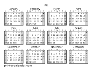 1792 Yearly Calendar (Style 1)