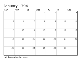 1794 Monthly Calendar