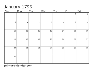 1796 Monthly Calendar