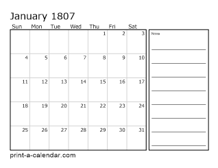 1807 Monthly Calendar with Notes