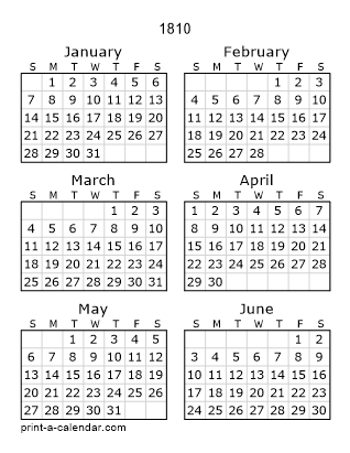 1810 Two Page Yearly Calendar | Six months per page