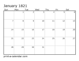 1821 Monthly Calendar