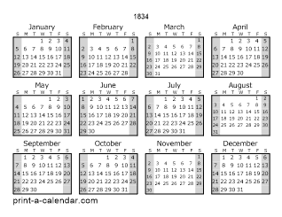 1834 one page yearly calendar with shaded weekends