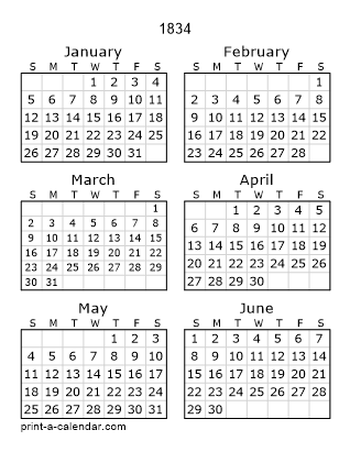 1834 Two Page Yearly Calendar | Six months per page