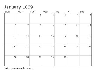 1839 Monthly Calendar