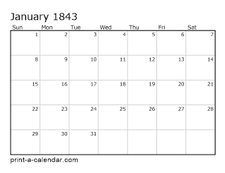 1843 Monthly Calendar